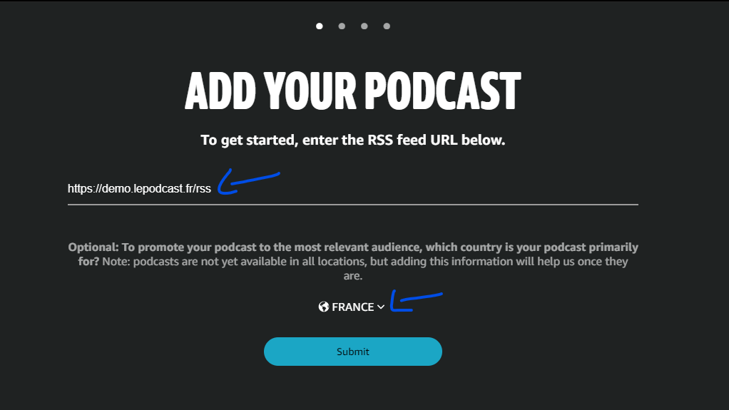 Entrez l'URL de votre podcast sur Amazon