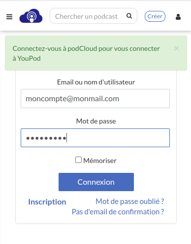 podCloud demande de se connecter pour accéder à YouPod.
